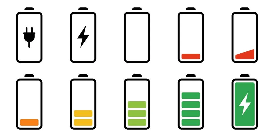 Set of vector battery icons displaying various charge levels, status indica.. Иллюстрация