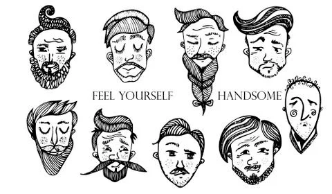 Set of vector bearded hipster men faces. Haircuts, beards, mustaches set Stock Illustration