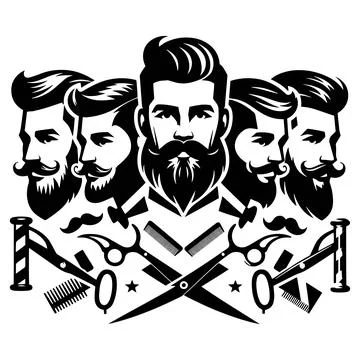 Set of vector bearded hipster men faces. Haircuts, beards, mustaches set ve.. Stock Illustration