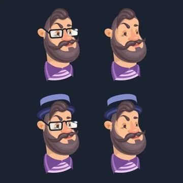 Set of vector bearded men faces hipsters with retro hat, eyeglass, haircuts Stock Illustration