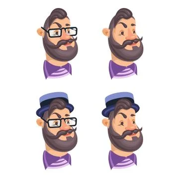 Set of vector bearded men faces hipsters with retro hat, eyeglass, haircuts Stock Illustration