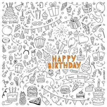 Set of vector birthday elements drawn on a tablet. Party items. EPS 10 Stock Illustration