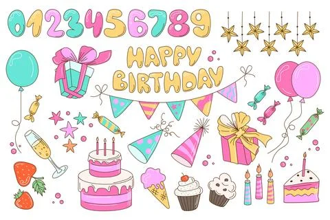 Set of Vector Birthday Invitation Elements with Cute Rabbit, Garland and Ca.. Stock Illustration