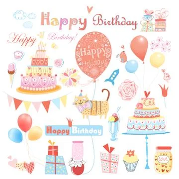 Set of vector birthday party elements Illustrazione stock