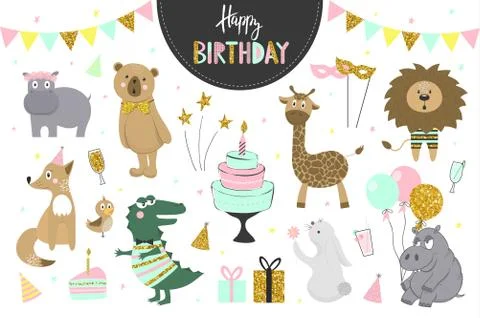 Set of vector birthday party elements with cute animals. Stock Illustration
