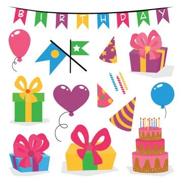 Set of vector birthday party elements on white isolated background. Eps 10 Stock Illustration