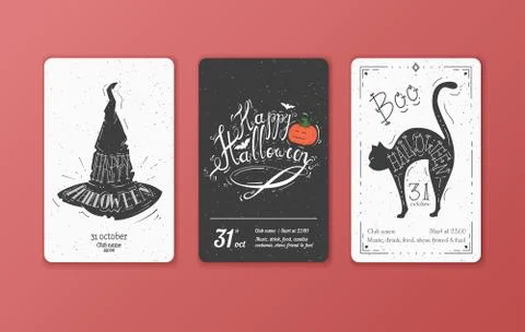 Set of vector black and white cards for Halloween. Stock Illustration