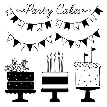 Set of vector black and white elements for party and Birthday 스톡 일러스트