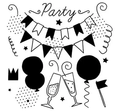 Set of vector black and white elements for party and Birthday Stock Illustration