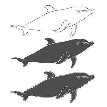 Set of vector black and white illustrations with a dolphin. Isolated objects. Stock-Illustration