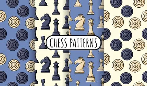 Set of vector black chess pieces seamless patterns. Collection of chess wallp Stock Illustration