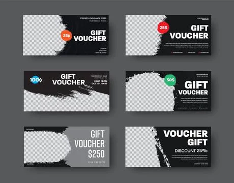 Set of vector black gift voucher templates with grunge elements Stock Illustration