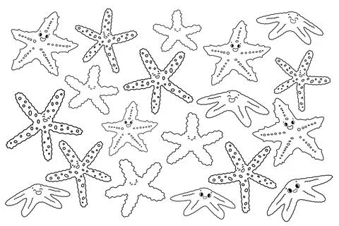 Set of vector black white isolated outline cartoon colorful sea stars or Star Illustrazione stock