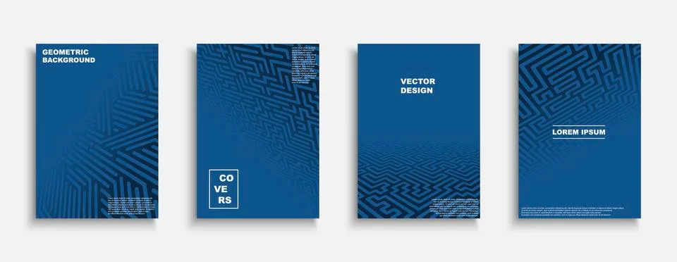 Set of vector blue geometric covers, templates, backgrounds, placards, brochures Illustrazione stock