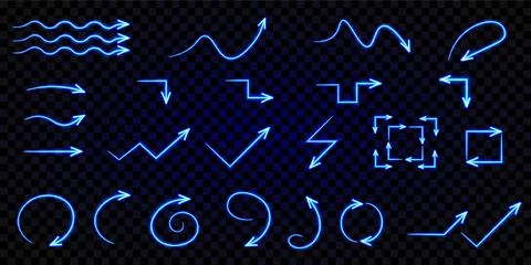 Set of vector blue glowing neon arrows. Luminous direction indicators. Light 스톡 일러스트