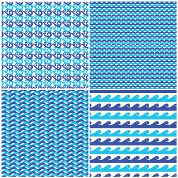 Set of vector blue waves seamless patterns Stock Illustration