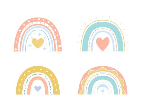 Set vector boho rainbows with hearts for kids. Cute colorful illustration in  Stock Illustration
