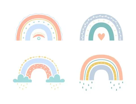 Set vector boho rainbows for kids. Cute colorful illustration in hand drawn s Stock Illustration