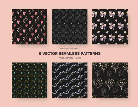 Set of vector botanical seamless patterns on black background. Stock Illustration