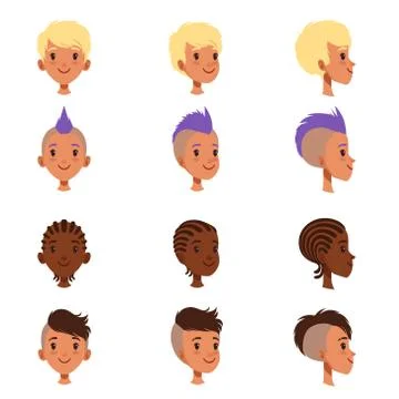 Set of vector boys head faces with different hairstyles. Punk mohawk, dreadlocks Stock Illustration