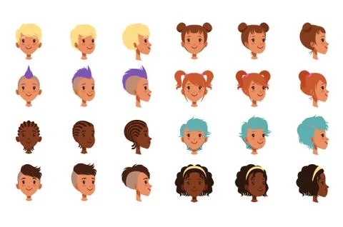 Set of vector boys head faces with different hairstyles. Punk mohawk, dreadlocks Stock Illustration