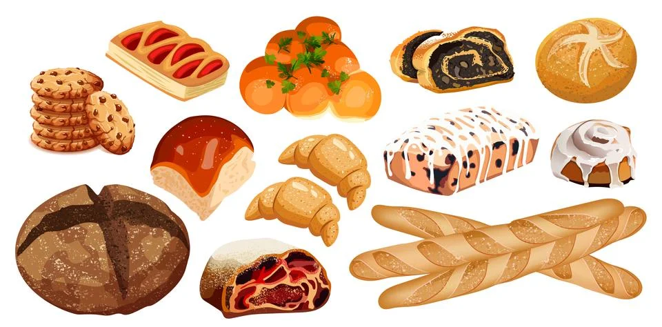 Set vector bread icons. Rye, whole grain and wheat bread, pretzel, muffin Stock Illustration