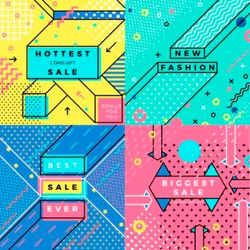Set of vector bright abstract memphis style banners. Special Offer, Sales etc Stock Illustration