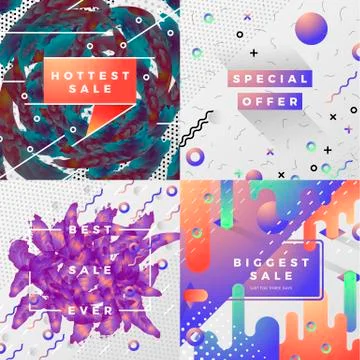 Set of vector bright abstract memphis style banners with radiant gradients Stock Illustration