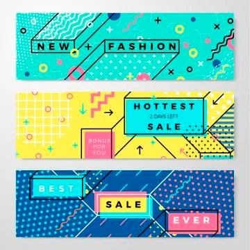 Set of vector bright abstract memphis style banners with geometric shapes Stock Illustration
