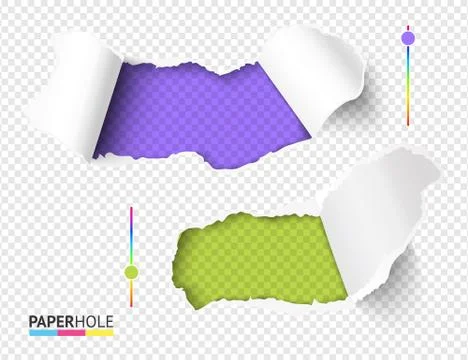 Set of vector bright green and violet hole in torn paper on transparent Stock Illustration