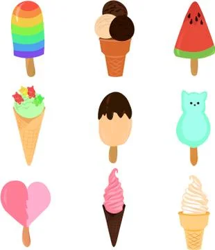 Set of vector bright ice cream. Ice cream in a waffle cone and on a stick, in Stock Illustration