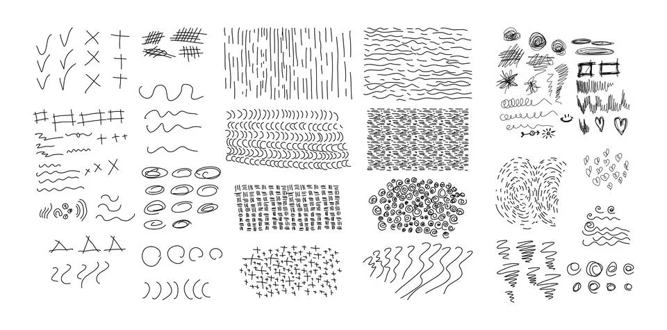 Set of vector brush lines, circles, signs. Hand-drawn collection. Stock Illustration