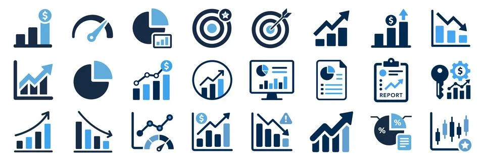 Set of vector business analytics, finance, and chart icons featuring growth.. Ilustración de archivo