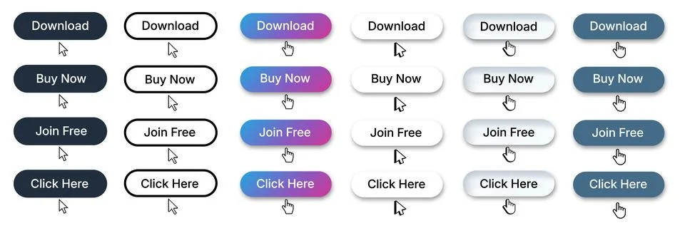 Set of vector call-to-action buttons, user interface elements, and click curs 库存插图