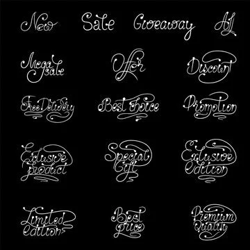 Set of vector calligraphic lettering on black background for discount, sale,  Stock Illustration