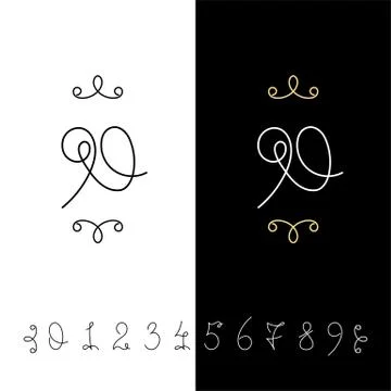 Set of vector calligraphy numbers from 0 to 9. Lined ornate monogram. Stock Illustration