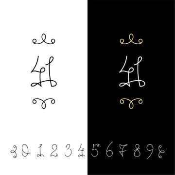 Set of vector calligraphy numbers from 0 to 9. Lined ornate monogram. Illustrazione stock