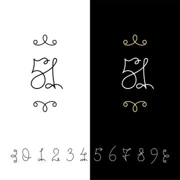 Set of vector calligraphy numbers from 0 to 9. Lined ornate monogram. Stock Illustration
