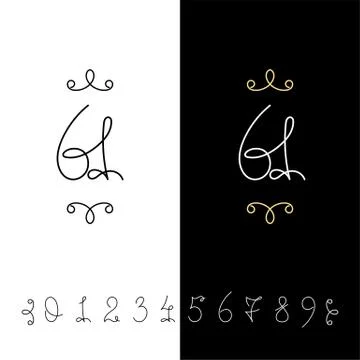 Set of vector calligraphy numbers from 0 to 9. Lined ornate monogram. Illustrazione stock