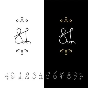 Set of vector calligraphy numbers from 0 to 9. Lined ornate monogram. Illustrazione stock
