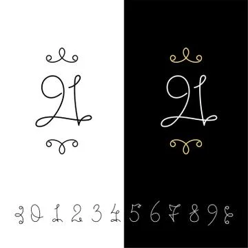 Set of vector calligraphy numbers from 0 to 9. Lined ornate monogram. Stock Illustration