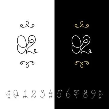 Set of vector calligraphy numbers from 0 to 9. Lined ornate monogram. Stock Illustration