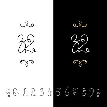 Set of vector calligraphy numbers from 0 to 9. Lined ornate monogram. Stock Illustration