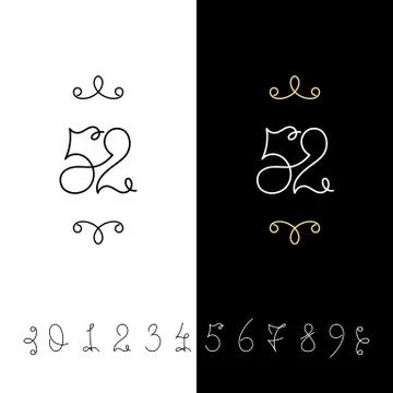 Set of vector calligraphy numbers from 0 to 9. Lined ornate monogram. Illustrazione stock