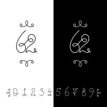 Set of vector calligraphy numbers from 0 to 9. Lined ornate monogram. Stock Illustration