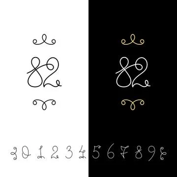 Set of vector calligraphy numbers from 0 to 9. Lined ornate monogram. Stock Illustration
