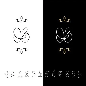 Set of vector calligraphy numbers from 0 to 9. Lined ornate monogram. Illustrazione stock