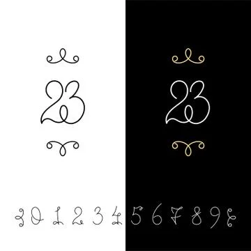 Set of vector calligraphy numbers from 0 to 9. Lined ornate monogram. Illustrazione stock