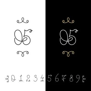 Set of vector calligraphy numbers from 0 to 9. Lined ornate monogram. Stock Illustration