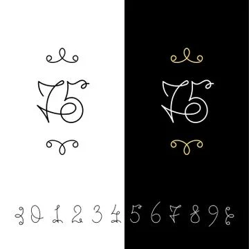 Set of vector calligraphy numbers from 0 to 9. Lined ornate monogram. Illustrazione stock